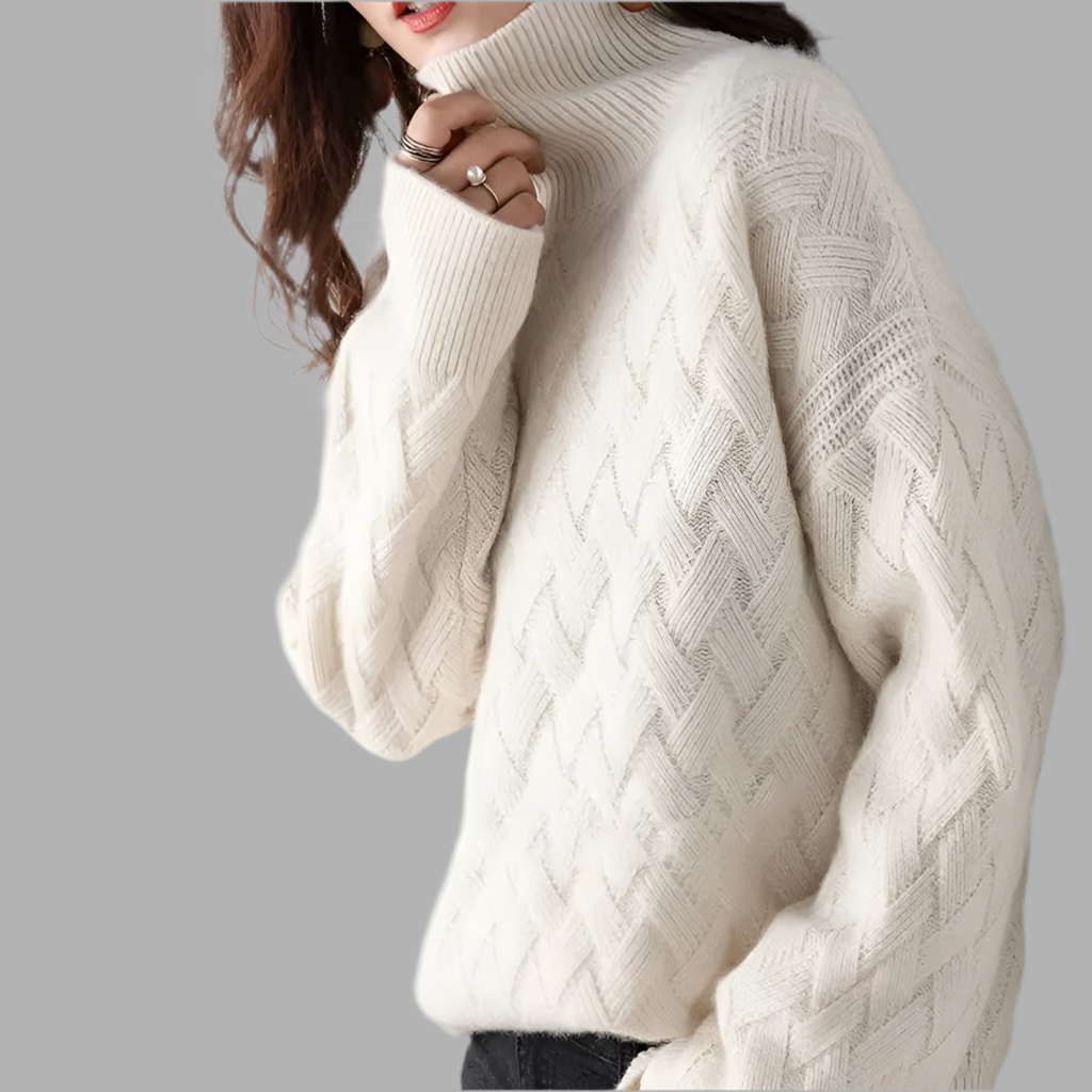 Damen Strickpullover mit Zopfmuster und hohem Kragen