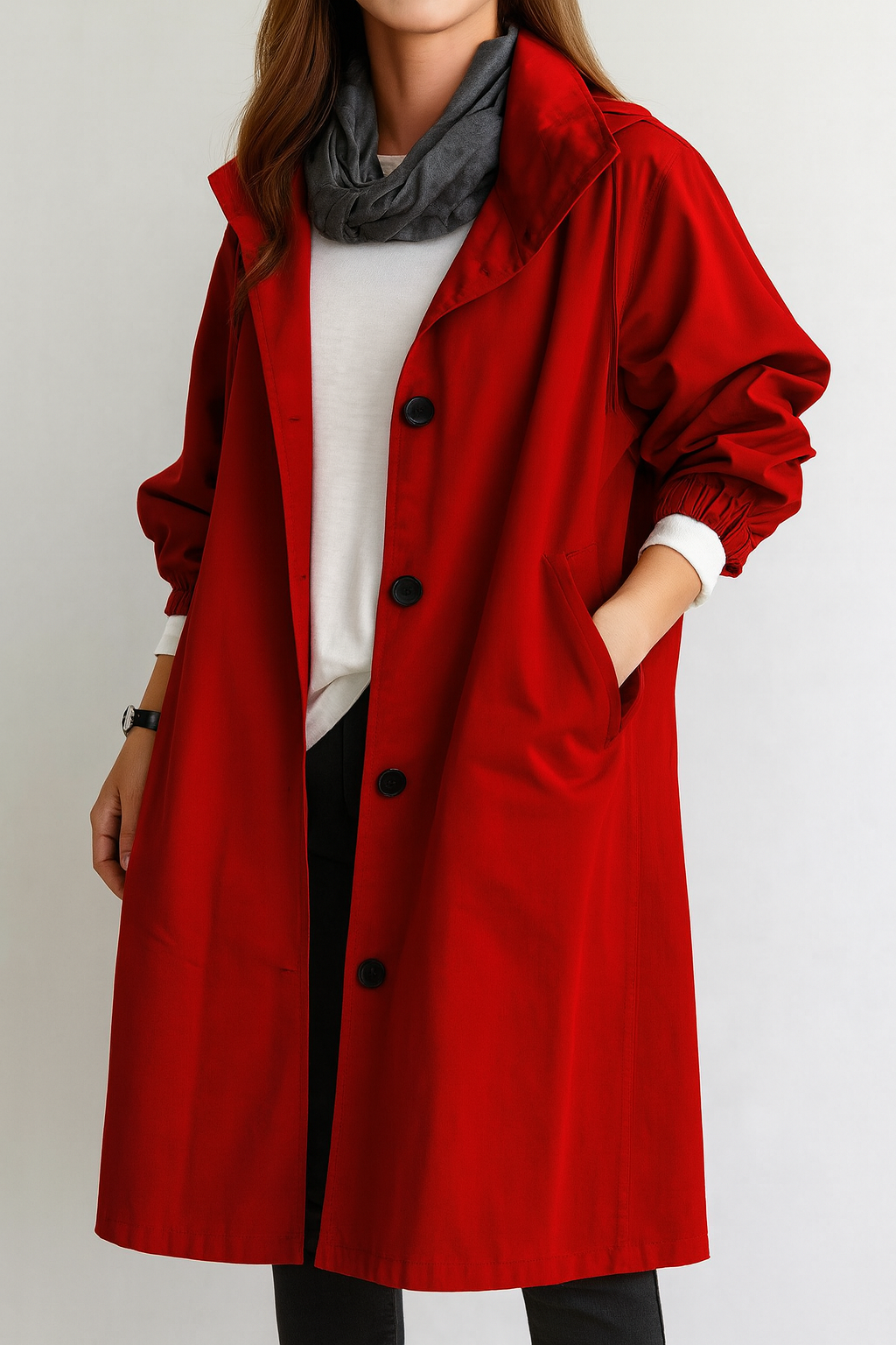 Lange Jacke für Damen mit Kapuze und Knopfleiste