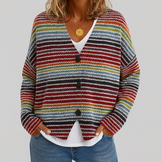 Damen Gestreifte Strickjacke | kurz mit Knöpfen & Oversized