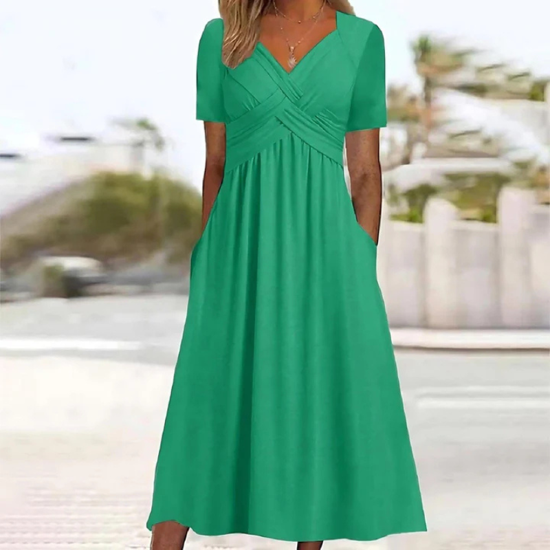 Mittellanges Damenkleid mit V-Ausschnitt und kurzen Ärmeln