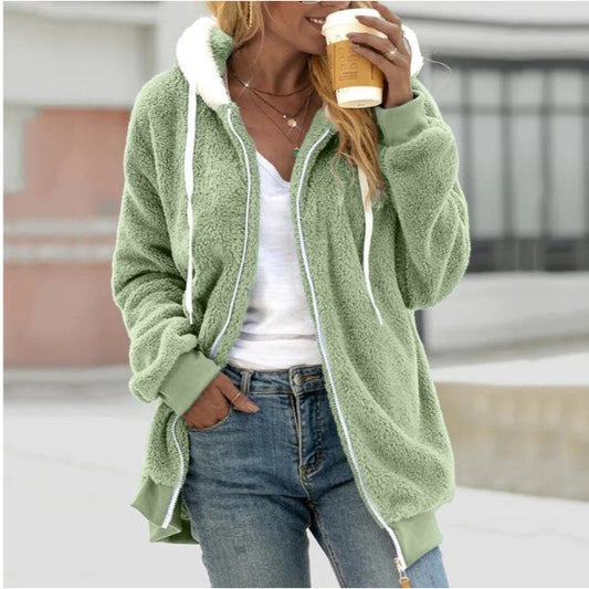 Damen Teddy-Kapuzenjacke mit Reißverschluss | Lang