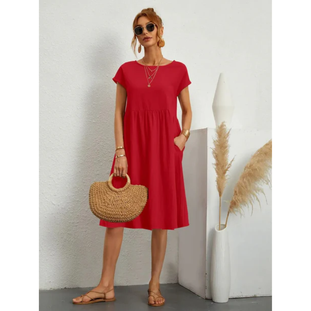 Knielanges Damenkleid mit Rundhalsausschnitt und kurzen Ärmeln