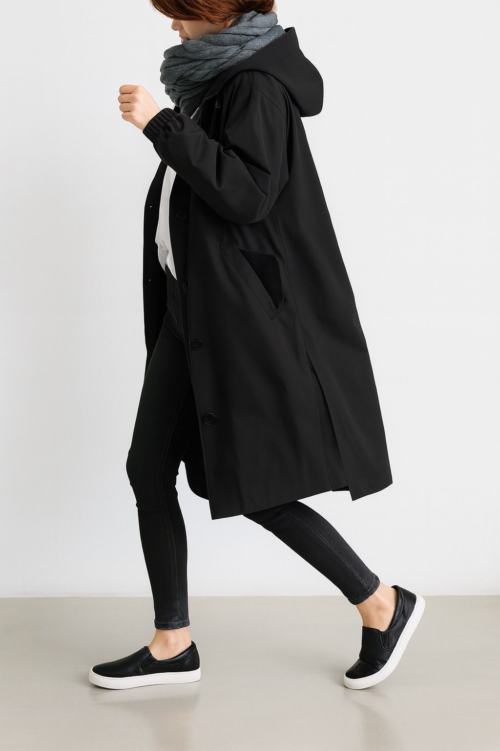 Lange Damen-Regenjacke mit Kapuze – Übergangs Jacke