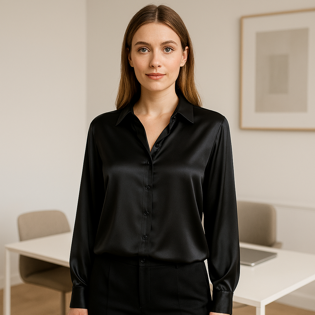 Damen-Bluse mit Hemdkragen aus glänzendem Stoff