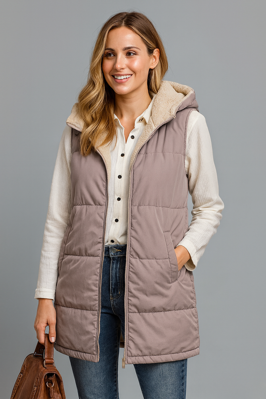 Lange gesteppte Damen Weste mit Kapuze | Übergangsjacke