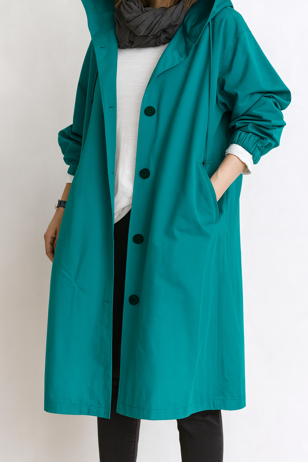 Lange Jacke für Damen mit Kapuze und Knopfleiste