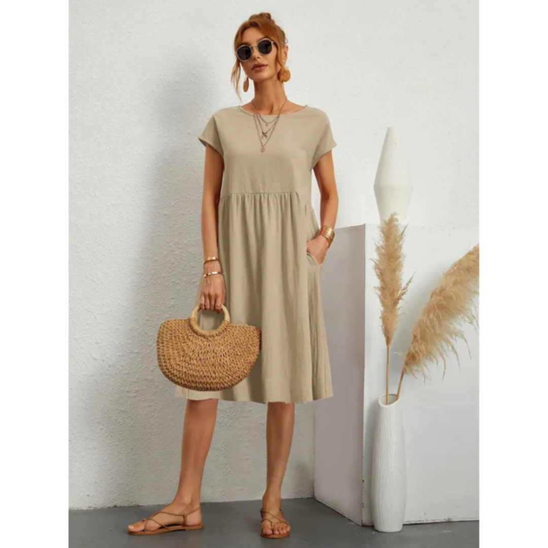 Knielanges Damenkleid mit Rundhalsausschnitt und kurzen Ärmeln