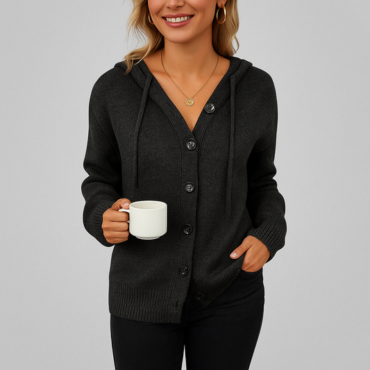 Damen lange Strickjacke mit Kapuze und Knopfleiste
