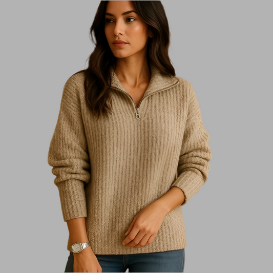 Langer Damen Strick-Pullover - Warm mit Zipper