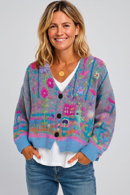 Damen kurze Pullover mit V-Ausschnitt und bedrucktem Muster