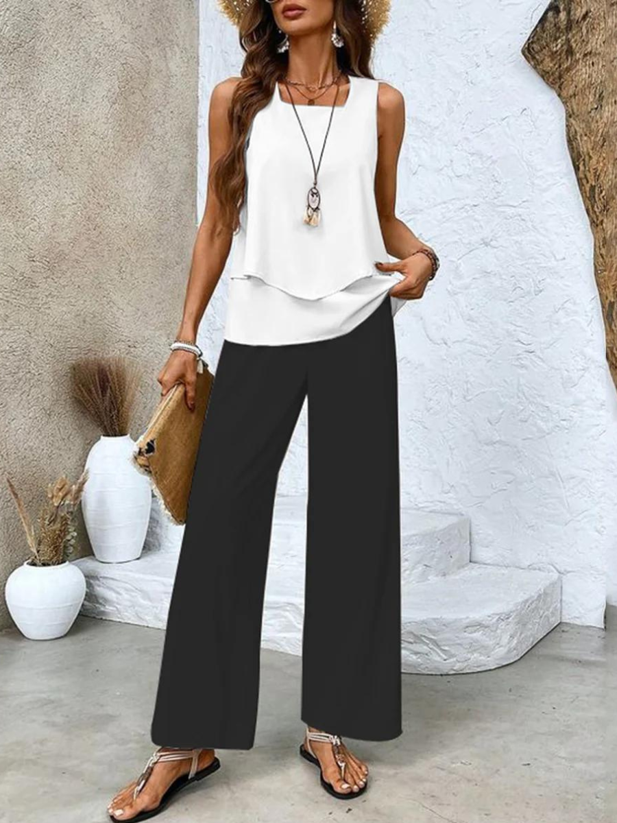 Zweiteiliges Damen-Set mit ärmellosem Oberteil und gemusterter Hose