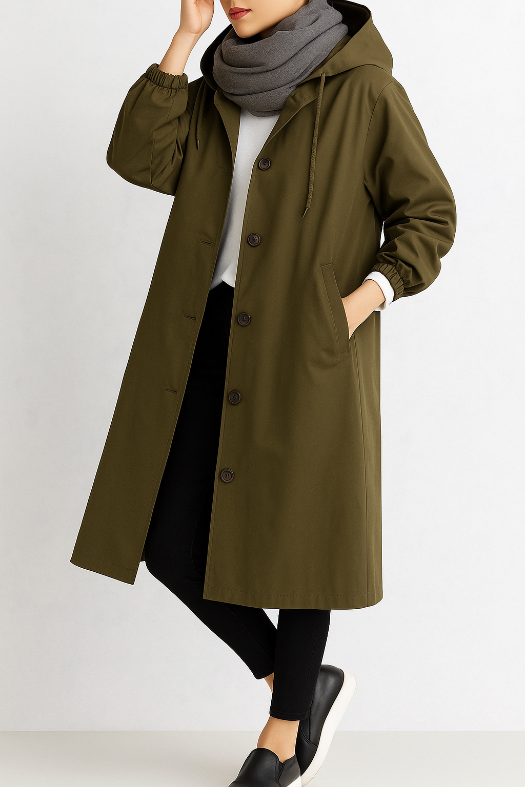 Lange Jacke für Damen mit Kapuze und Knopfleiste
