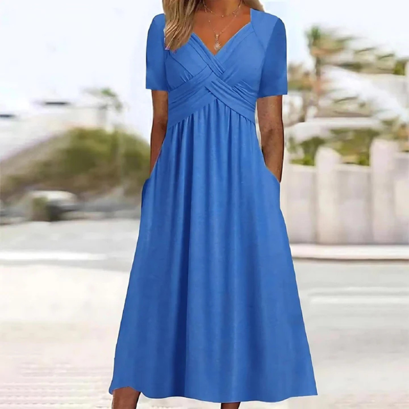 Lang geschnittenes Damenkleid mit V-Ausschnitt