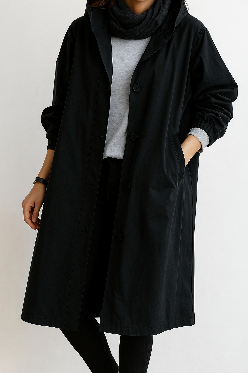 Lange Jacke für Damen mit Kapuze und Knopfleiste