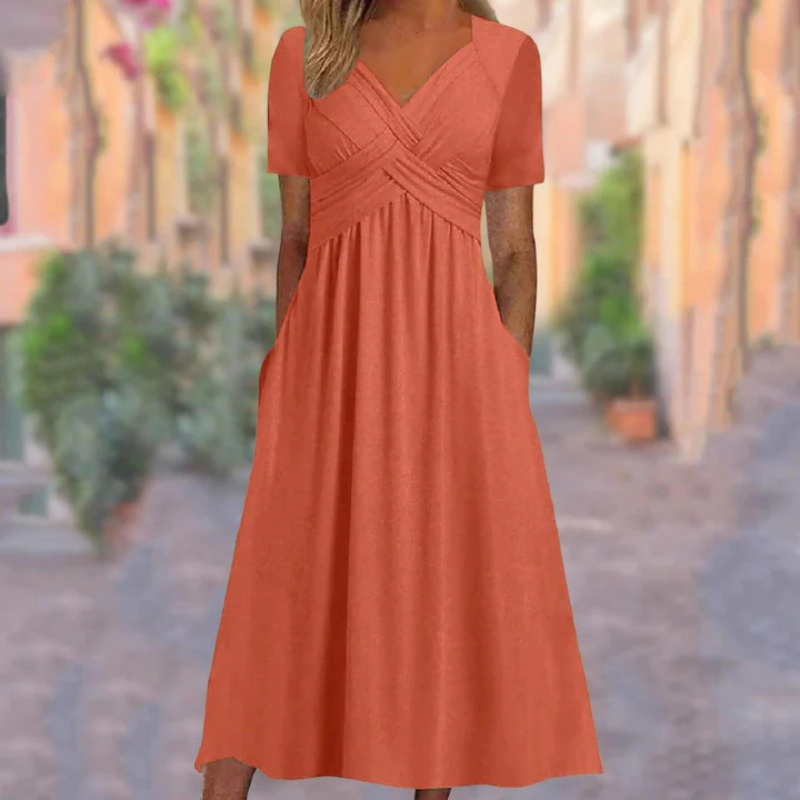 Lang geschnittenes Damenkleid mit V-Ausschnitt