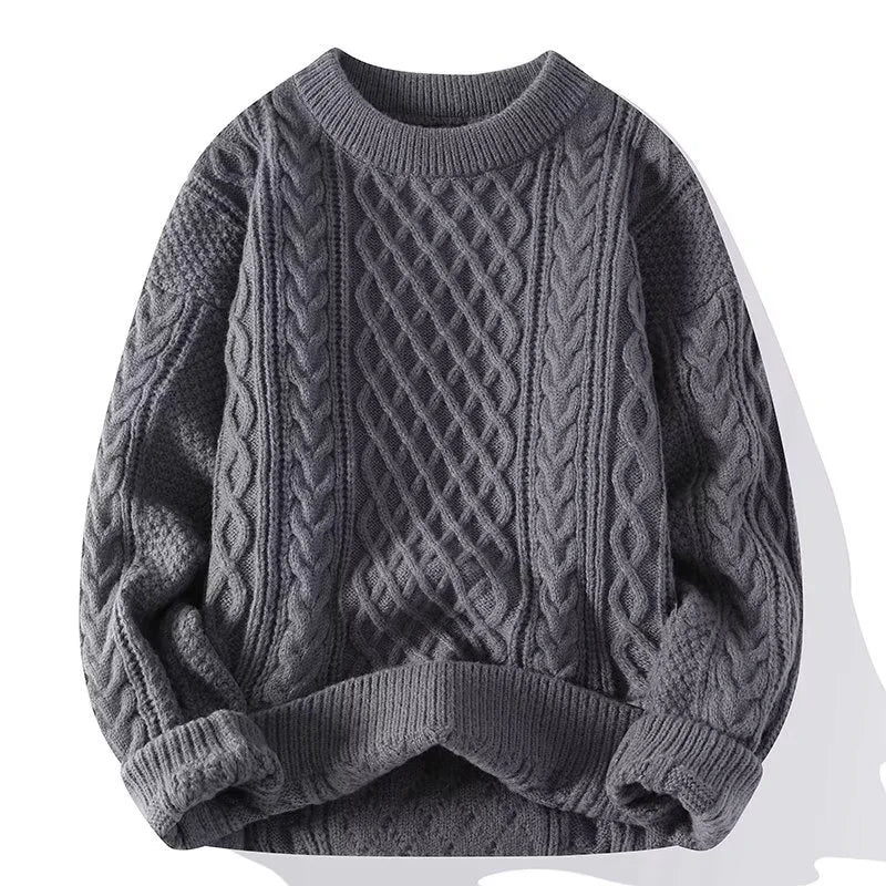 Unisex Strickpullover mit Zopfmuster und Rundhalsausschnitt