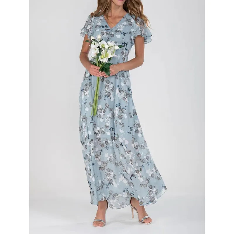 Stilvolles Maxikleid für Damen mit floralen Muster und V-Ausschnitt