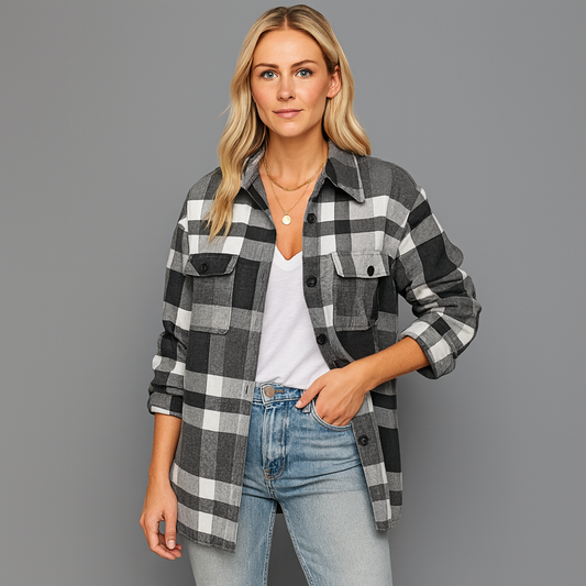 Damen lange Bluse kariert mit Knopfleiste | Herbst
