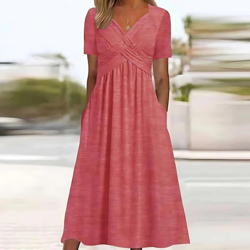 Lang geschnittenes Damenkleid mit V-Ausschnitt