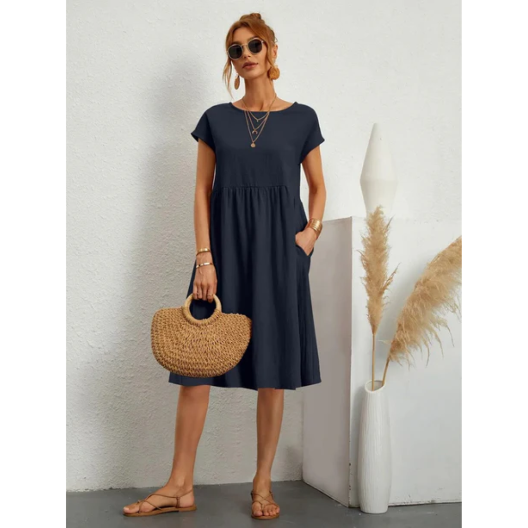 Knielanges Damenkleid mit Rundhalsausschnitt und kurzen Ärmeln