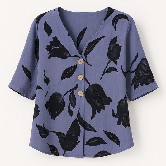 Damen Bluse mit V-Ausschnitt, Knopfleiste und Blumenmuster