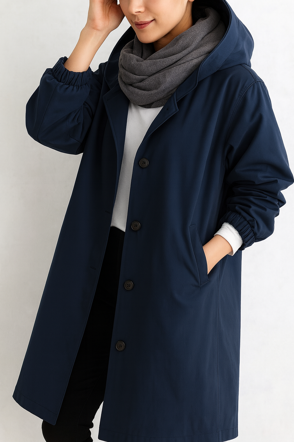 Lange Jacke für Damen mit Kapuze und Knopfleiste