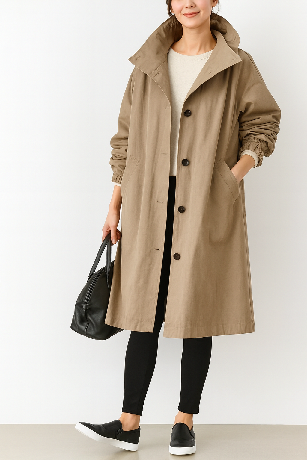 Lange Jacke für Damen mit Kapuze und Knopfleiste