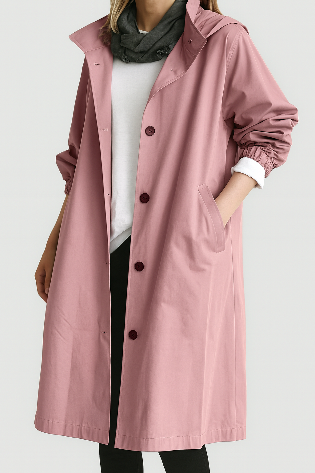 Lange Jacke für Damen mit Kapuze und Knopfleiste