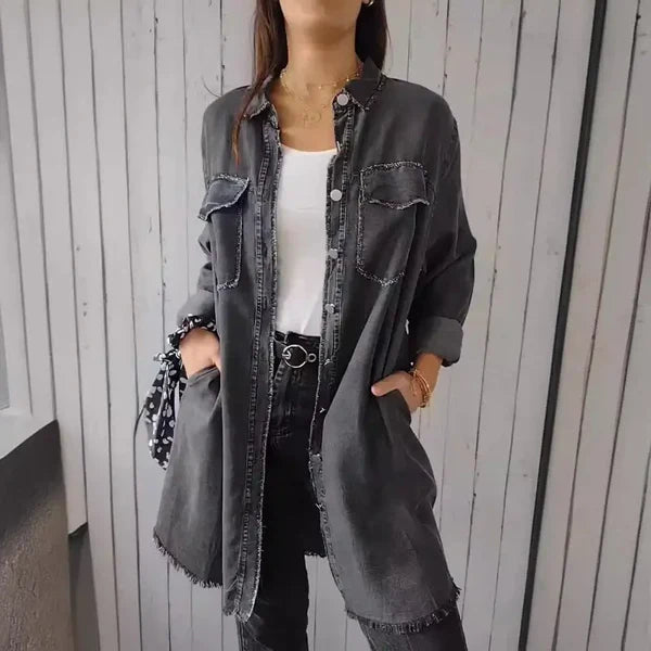 Damen Jeansjacke Langschnitt mit Brusttaschen