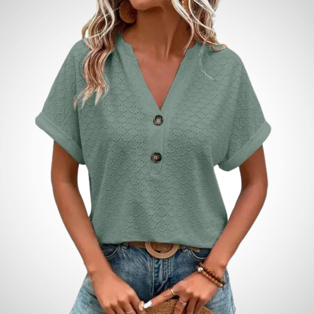 Damen Kurzbluse mit V-Ausschnitt und Knopfleiste