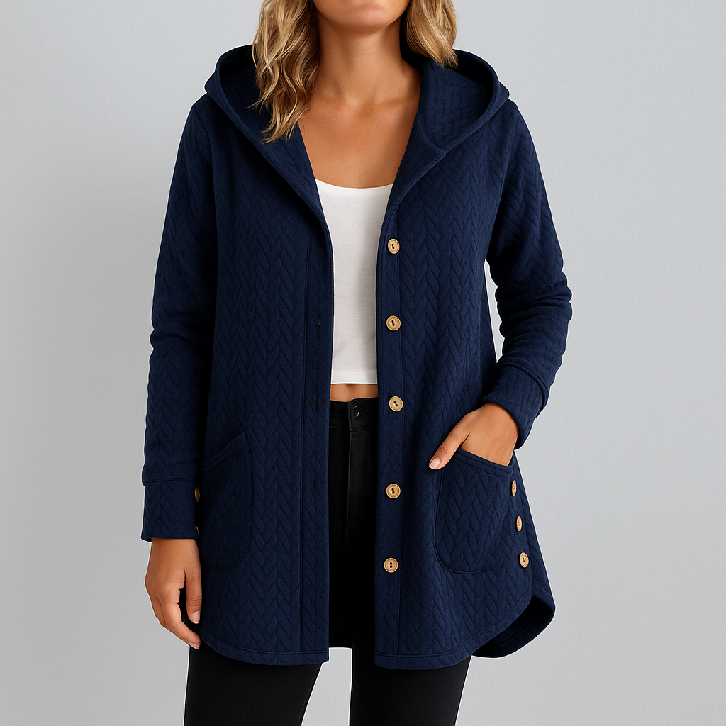 Stilvoller Strickmantel für Damen mit Kapuze und Knopfleiste