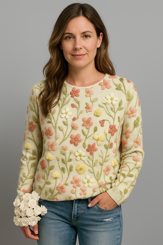 Damen Pullover mit besticktem Blumenmuster | Lässig