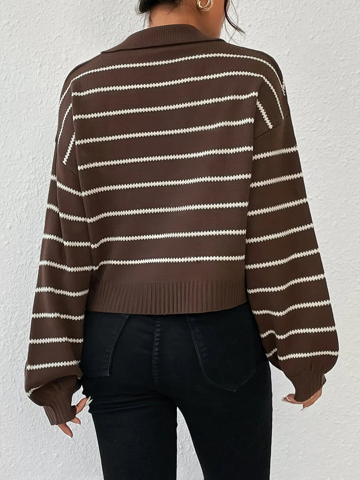 Gestreifter Damen Strickpullover mit V-Ausschnitt