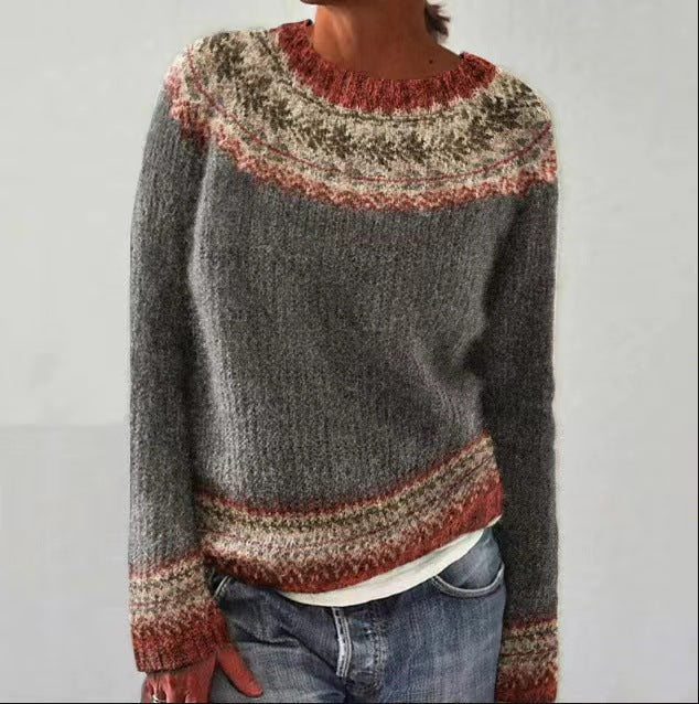 Damen Strickpullover mit Rundhalsausschnitt und Musterabschluss