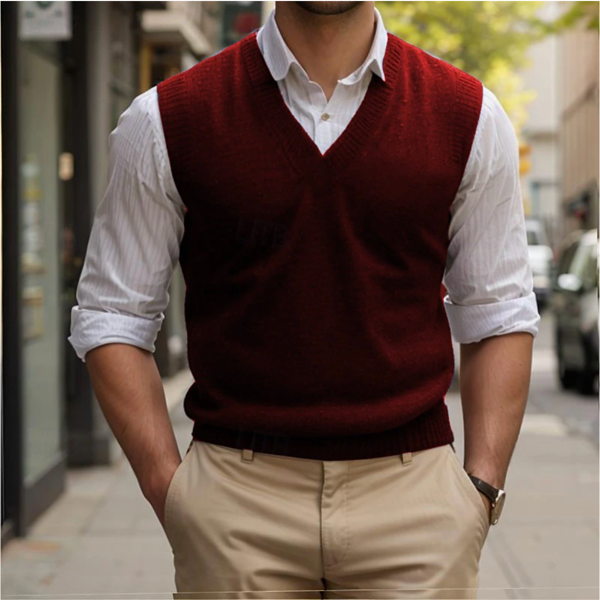 Ärmelloser Strickpullover mit V-Ausschnitt für Herren