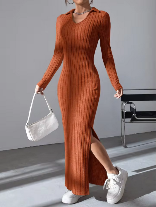 Damen Maxi-Kleid mit Rippenmuster und langen Ärmeln