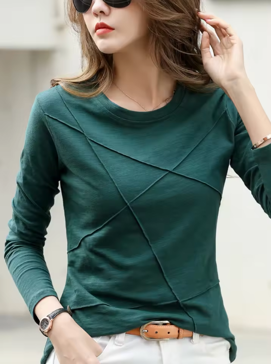 Damen-Langarmshirt mit Rundhalsausschnitt und Ziernähten