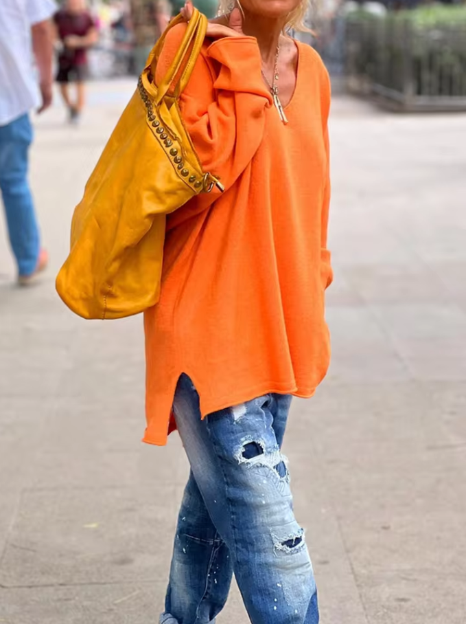 Lockerer langer Strickpullover für Damen mit V-Ausschnitt