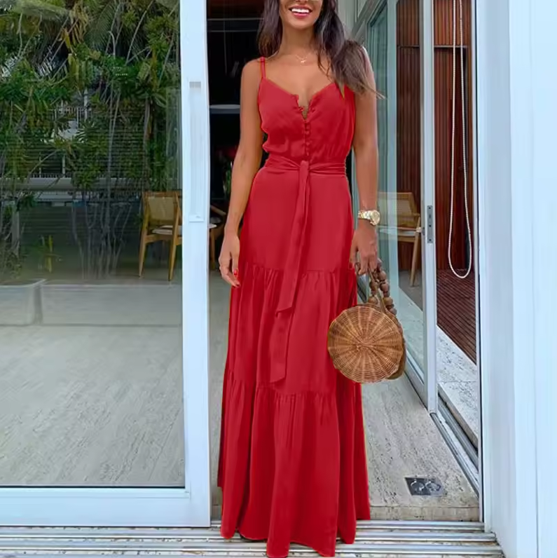 Damen Maxikleid mit V-Ausschnitt und Schleife