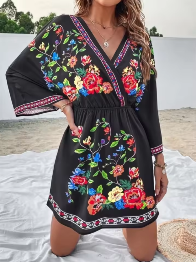 Damen Midi-Kleid mit floralem Muster und elastischem Taillenbund