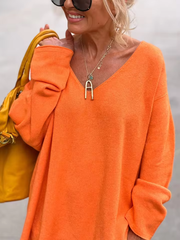 Lockerer langer Strickpullover für Damen mit V-Ausschnitt