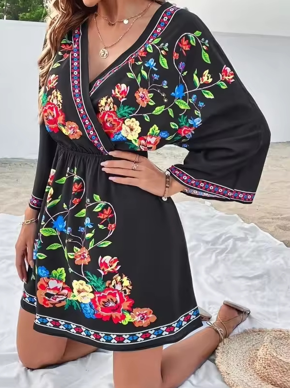 Damen Midi-Kleid mit floralem Muster und elastischem Taillenbund