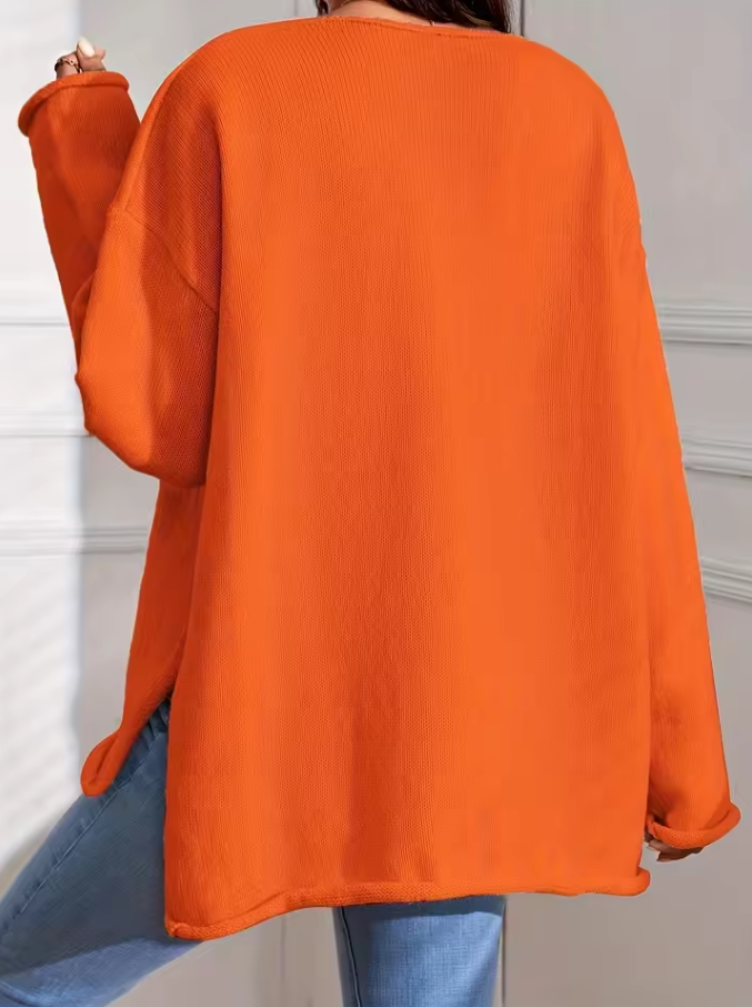 Lockerer langer Strickpullover für Damen mit V-Ausschnitt