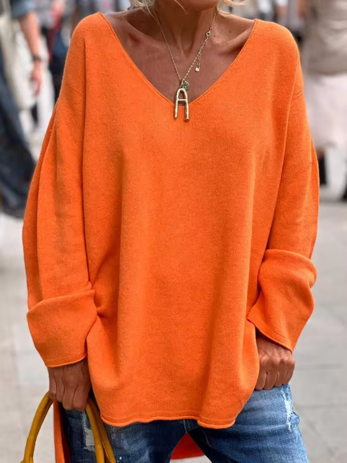Lockerer langer Strickpullover für Damen mit V-Ausschnitt