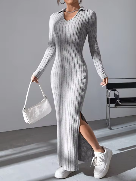 Damenkleid mit Rippenmuster und langen Ärmeln