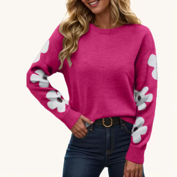 Damen Strickpullover mit Blumenmuster an den Ärmeln