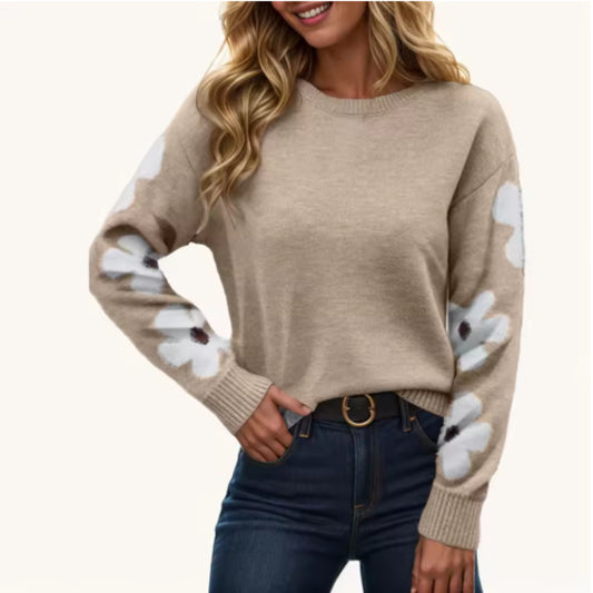 Damen Strickpullover mit Blumenmuster an den Ärmeln