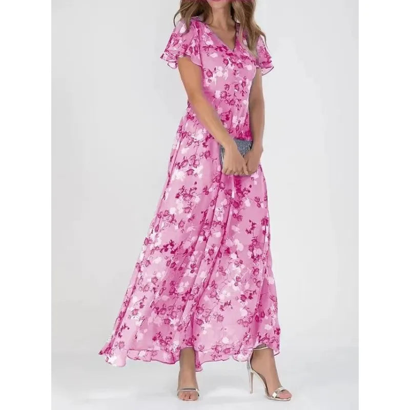 Stilvolles Maxikleid für Damen mit floralen Muster und V-Ausschnitt