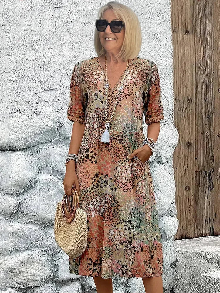 Knieumspielendes Kleid mit Knopfleiste, kurzen Ärmeln und Taillenband