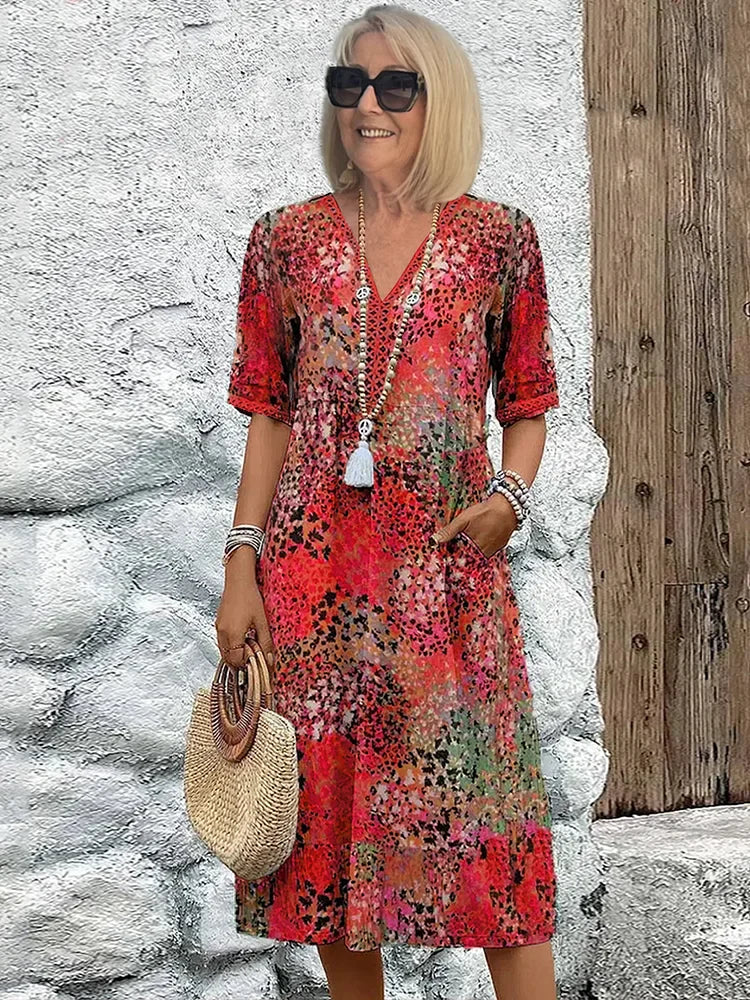 Knieumspielendes Kleid mit Knopfleiste, kurzen Ärmeln und Taillenband